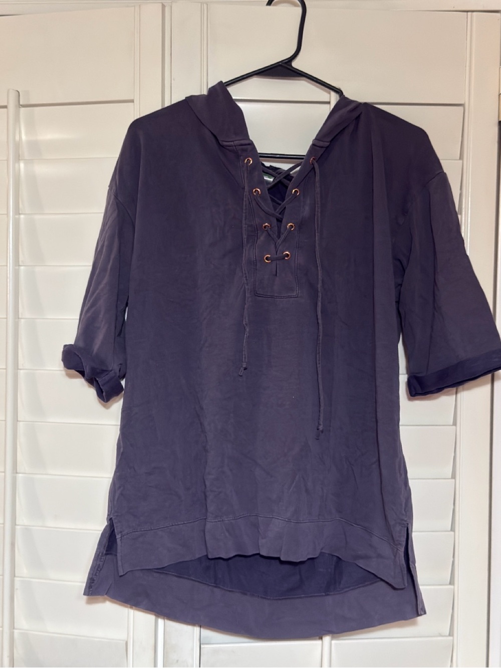 GreenTea Lace-Up Hooded Tunic in Slate Purple